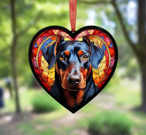 Doberman Stained Glass Effect Heart Suncatcher